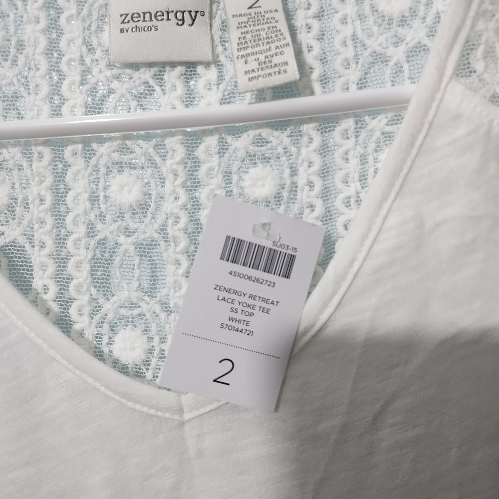 Chicos Zenergy Retreat V Neck Lace Yoke Tee Top Blouse White Size 2 or US Lg - Picture 5 of 6